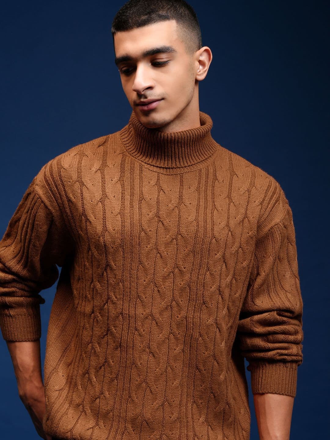 HIGHLANDER Men Cable Knit Turtle Neck Long Sleeves Pullover Sweaters - view 1