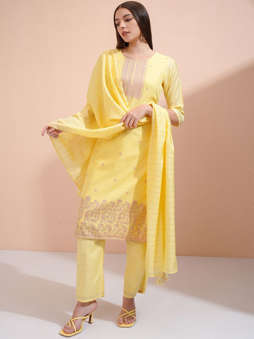 Vishudh Women Ethnic Motifs Embroidered Regular Thread Work Kurta with Trousers & With Dupatta - view 1