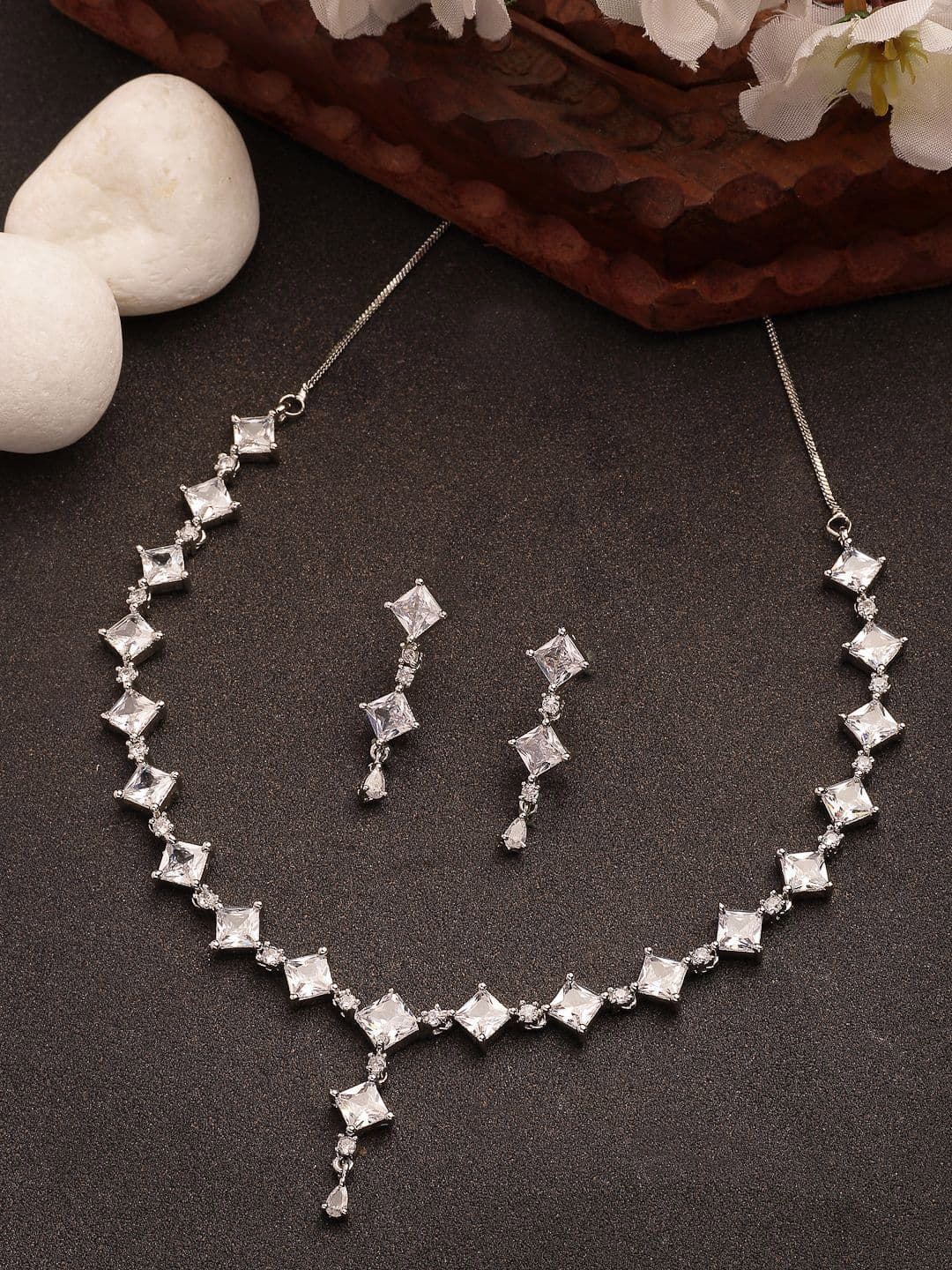 NVR Girls Silver Plated Cubic Zirconia Stone Studded Jewellery Set - view 1