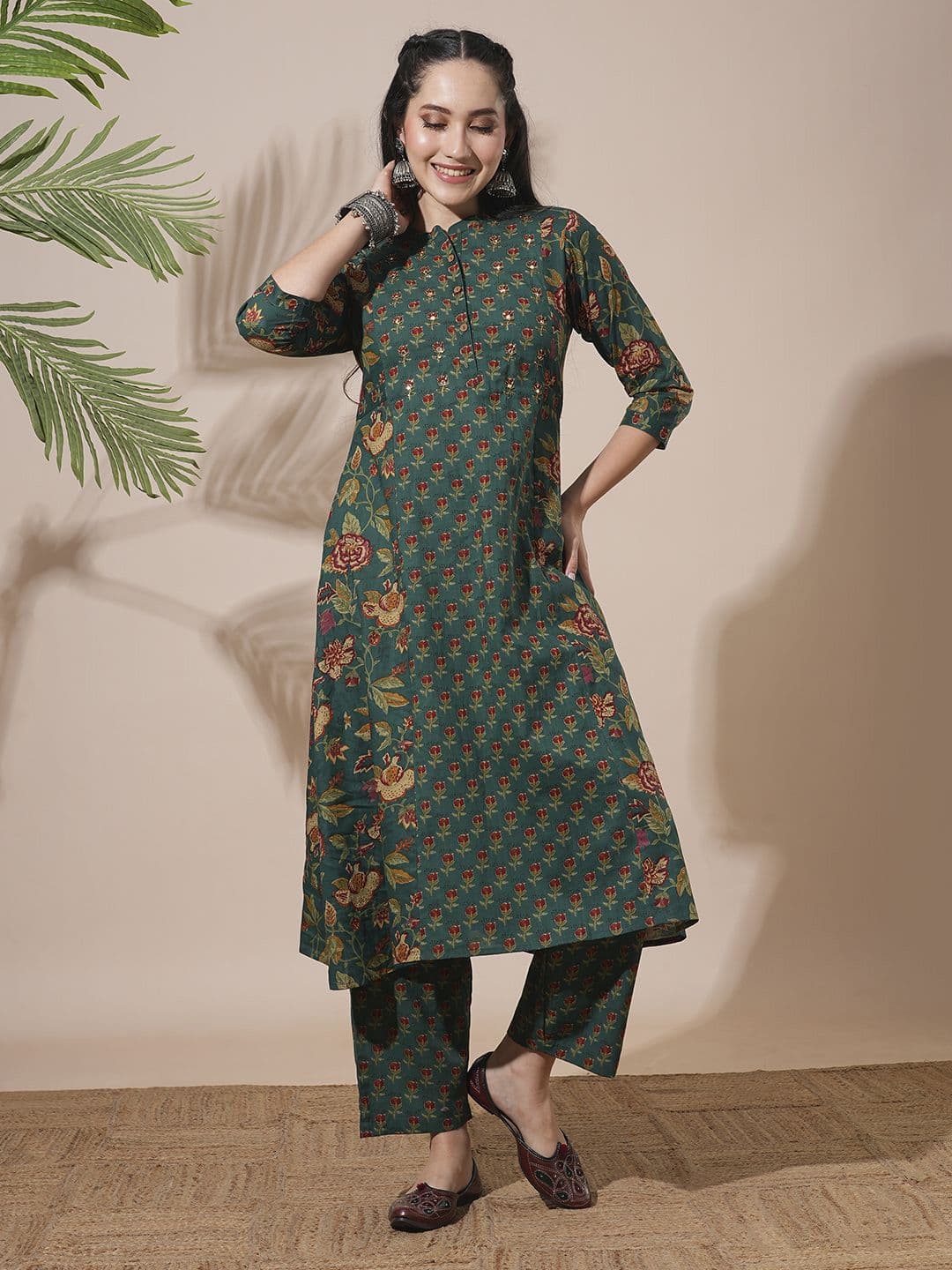 Globus Floral Print Mandarin Neck Panelled A-Line Kurta With Pants Workwear Sets Set - view 1