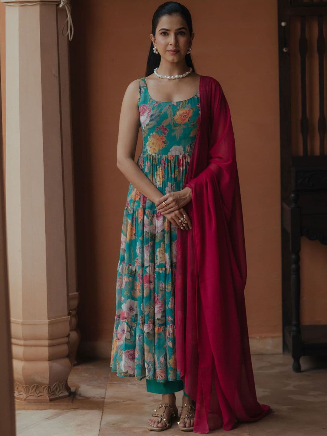 anayna Women Floral Printed Tiered Kurta with Trousers & With Dupatta - view 1