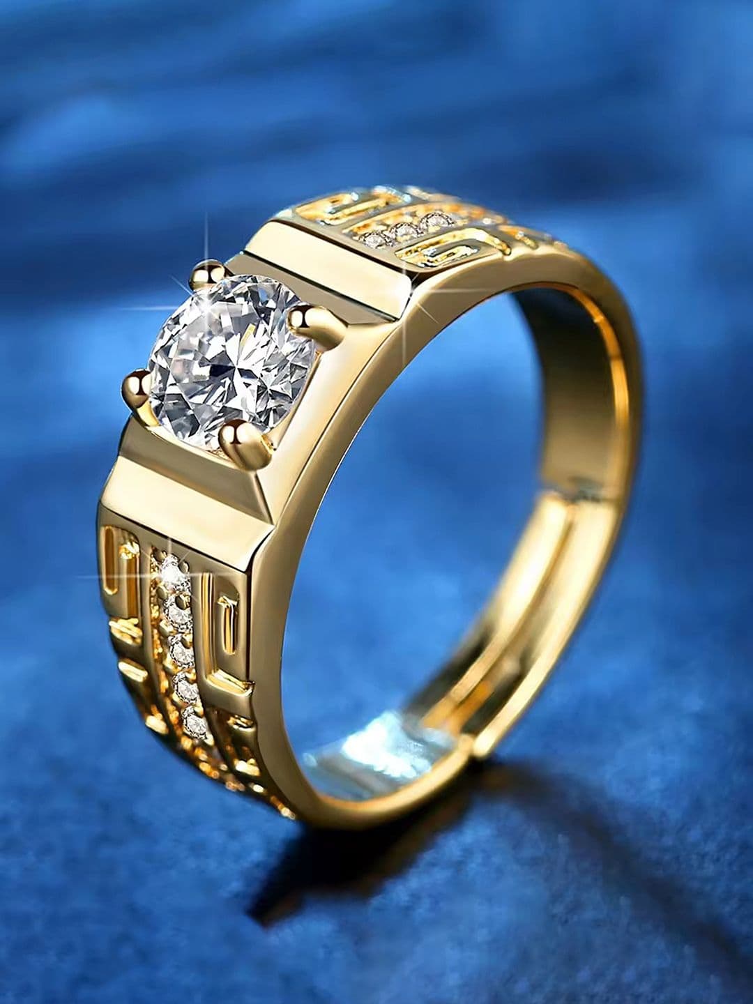 Lila Men Gold-Plated American Diamond Solitaire Adjustable Finger Ring