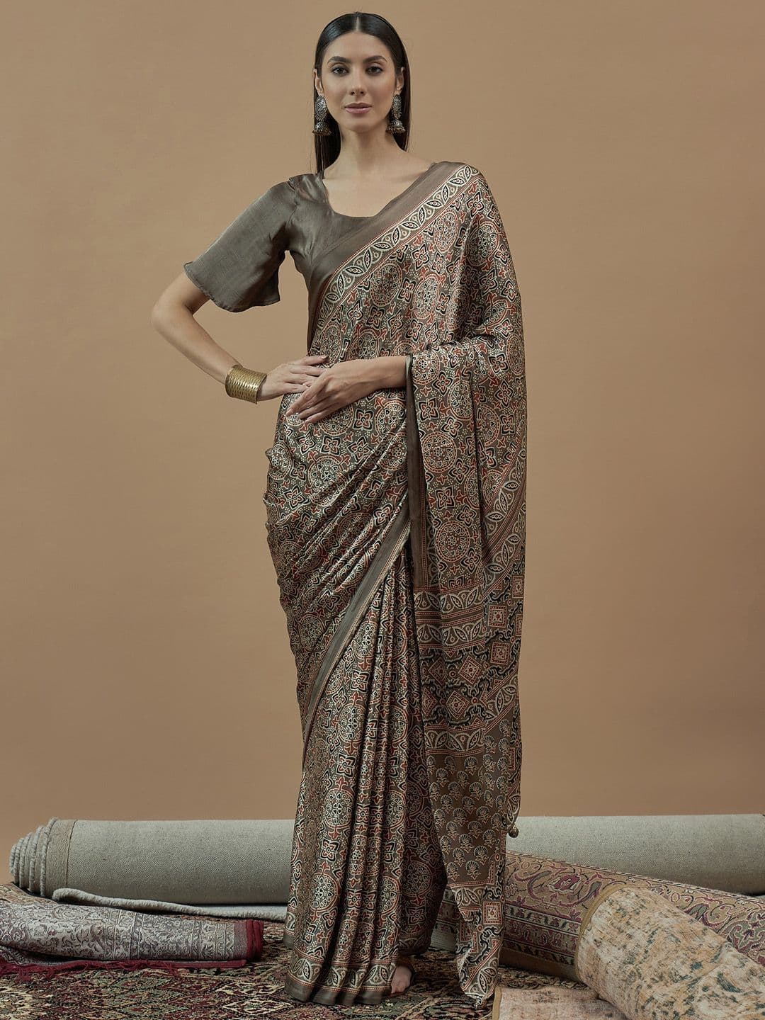 Saree mall modal Ajrak Block Poly Crepe Block Print SareesWith Blouse Piece - view 1