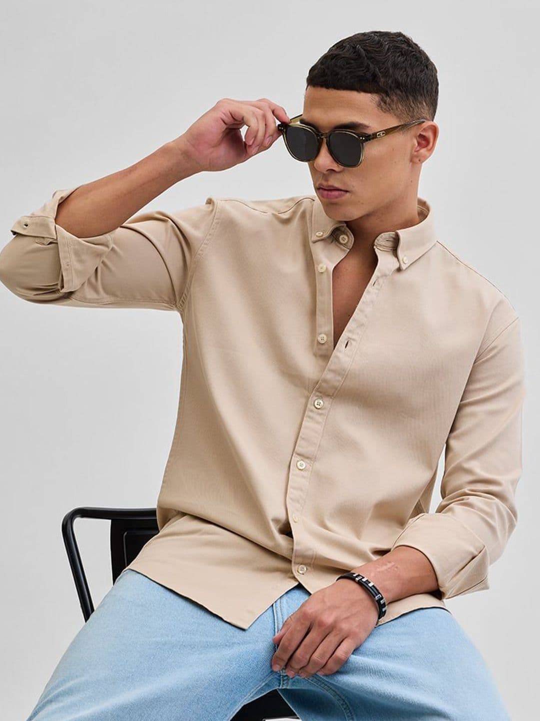 Snitch Men Classic Button-Down Collar Solid Cotton Casual Shirt