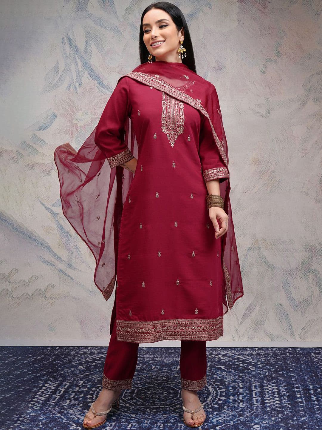 Vishudh Women Paisley Embroidered Regular Sequinned Kurta with Trousers & With Dupatta - view 1