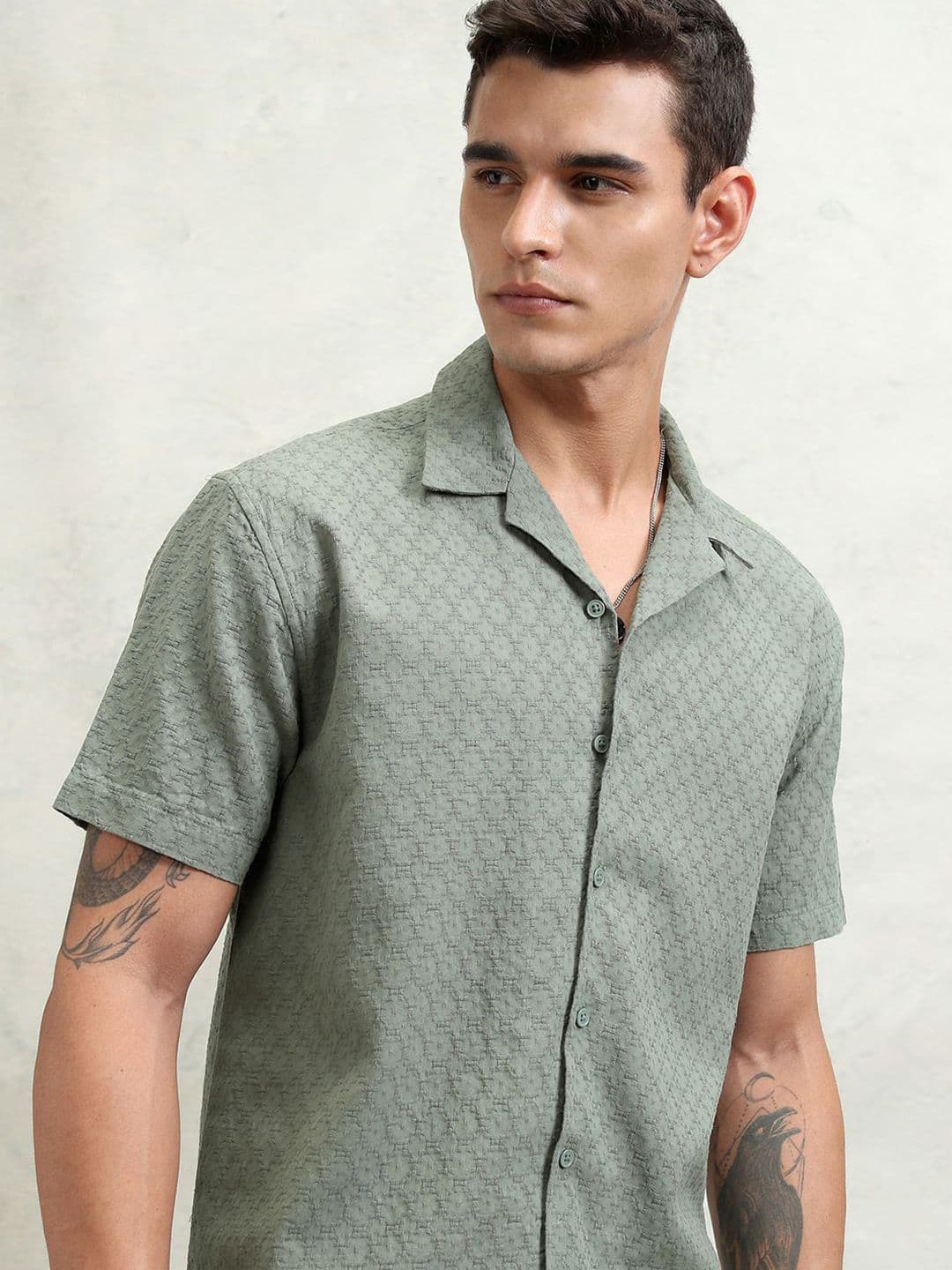 Highlander Men Olive Dobby Textured Solid Cuban Collar Relaxed Shirt - view 1