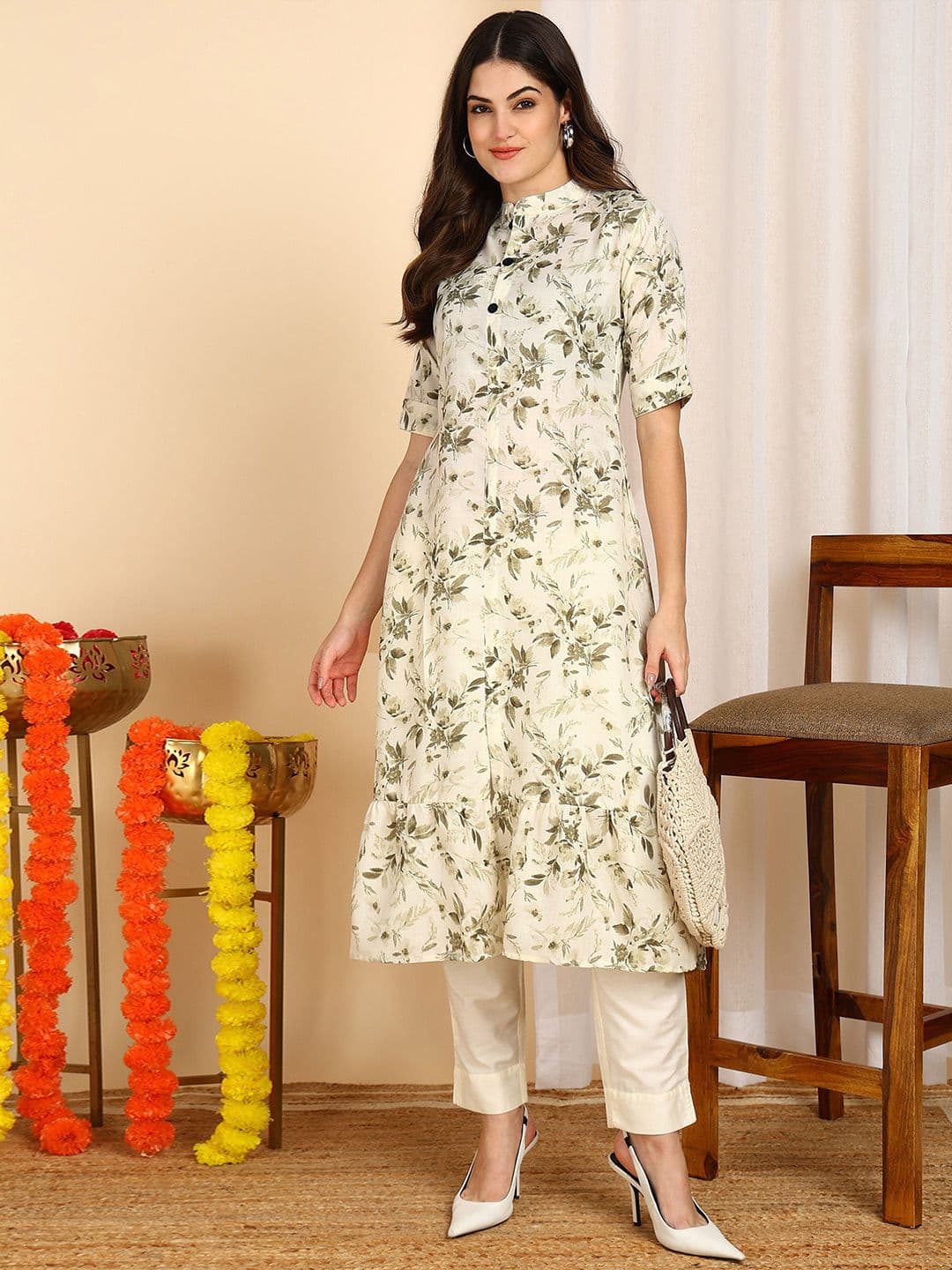 DSK STUDIO Floral Printed Mandarin Collar Ethnic A-Line Kurta - view 1