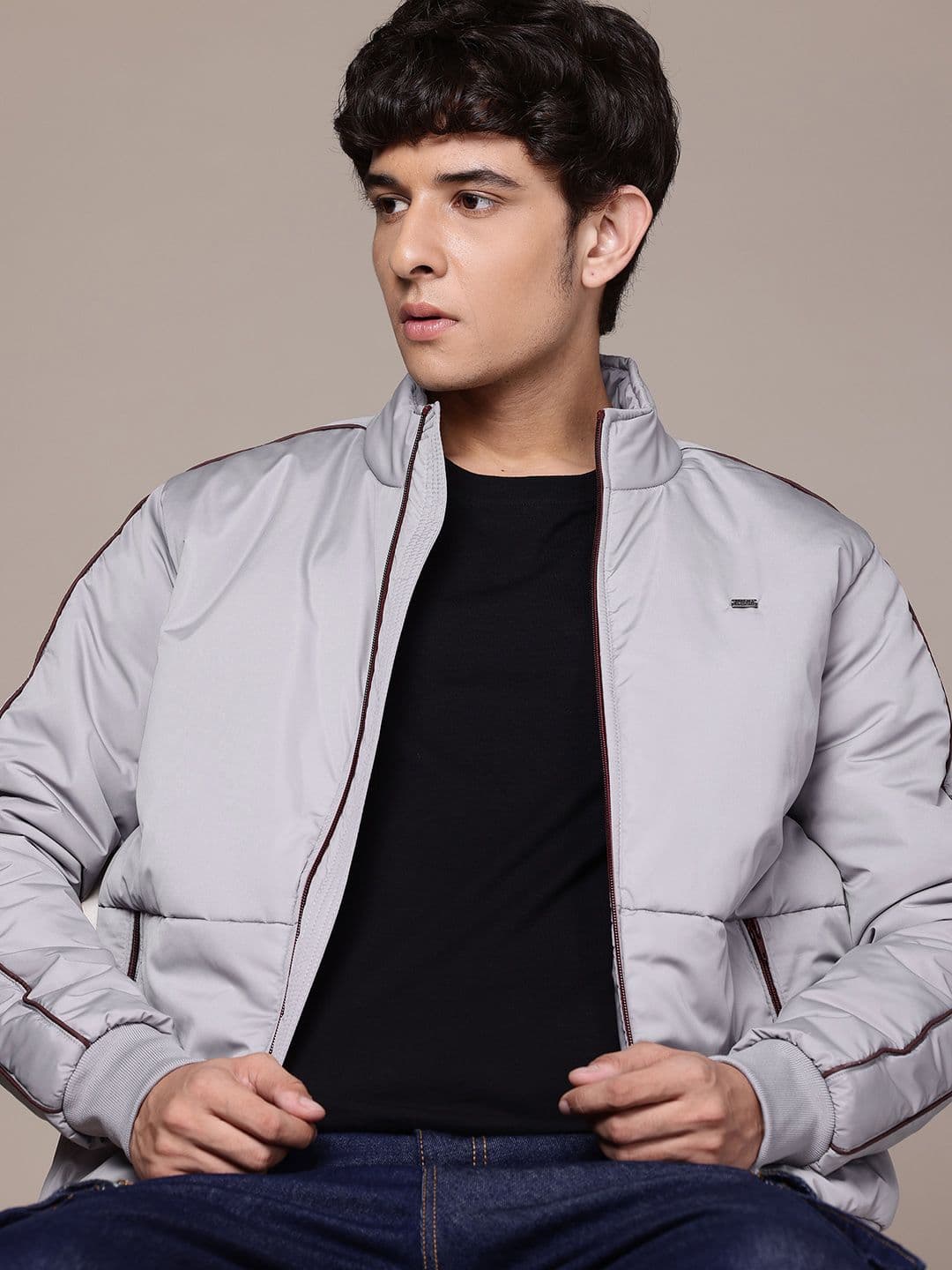 Roadster Mock Collar Piping Detail Padded Jacket - view 1