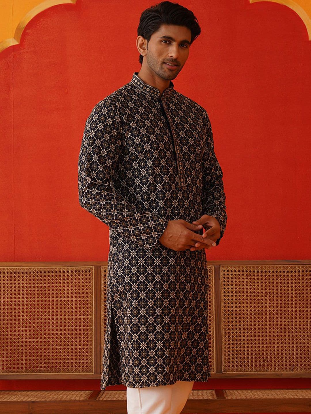 Jompers Men Geometric Embroidered Sequinned Kurta - view 1