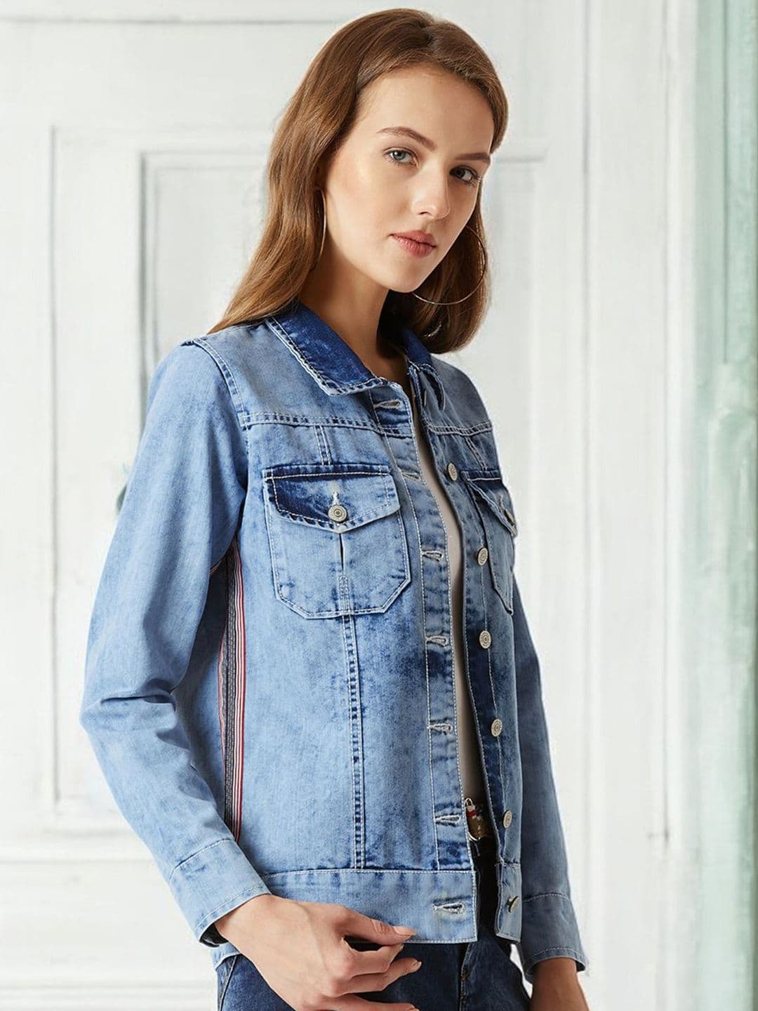 Miss Chase Women Striped Denim Jacket with Embroidered - view 1