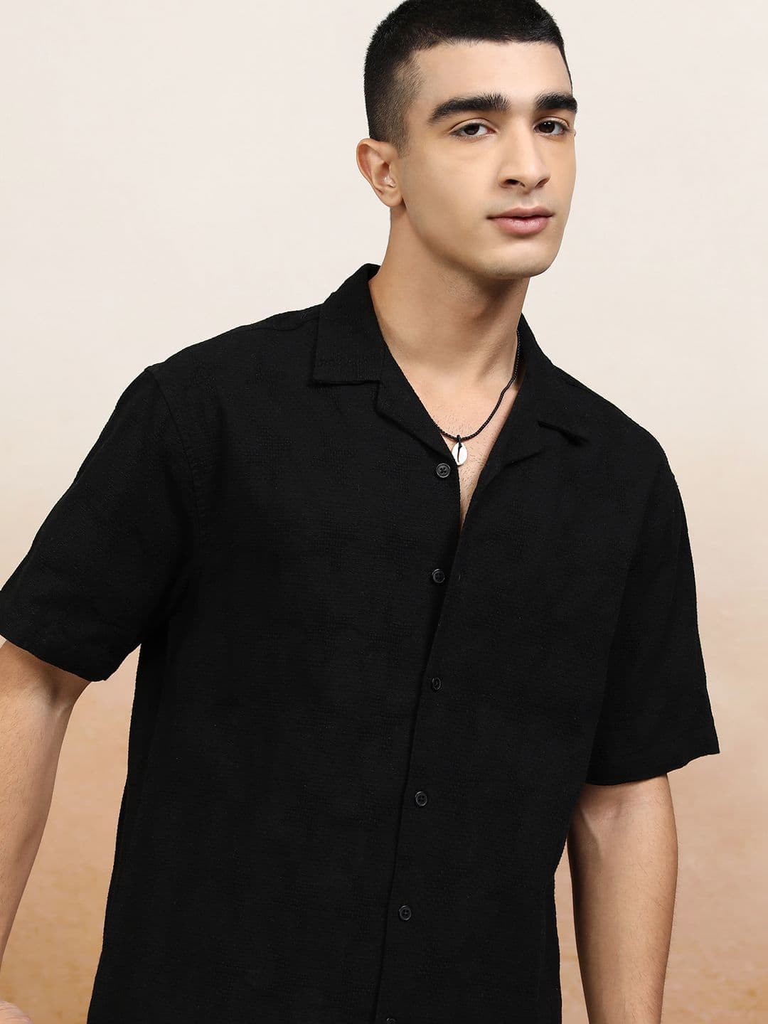 HIGHLANDER Men Mocklino Dobby Textured Solid Cuban Collar Relaxed Shirt - view 1
