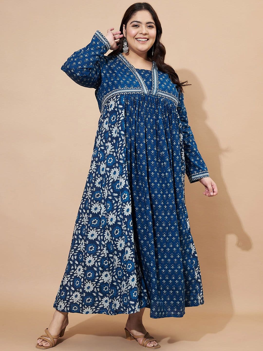 Vbuyz Plus Size Floral Printed Square Neck Cotton Maxi Ethinic Dress - view 1