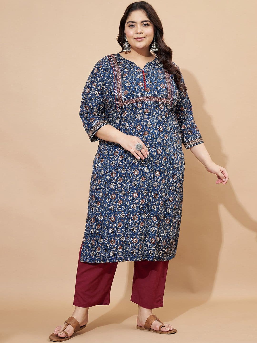 Vbuyz Womens Blue Floral Printed Straight Cotton Kurta - view 1