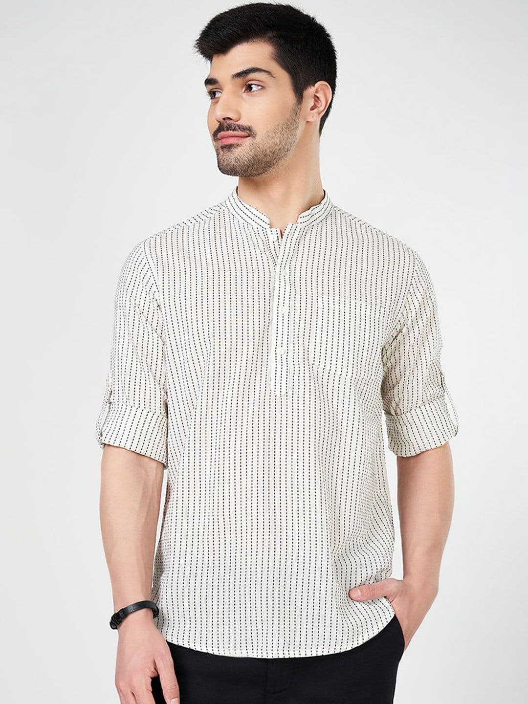 indus route by Pantaloons Striped Mandarin Collar Long Sleeves Regular Cotton Kurta - view 1