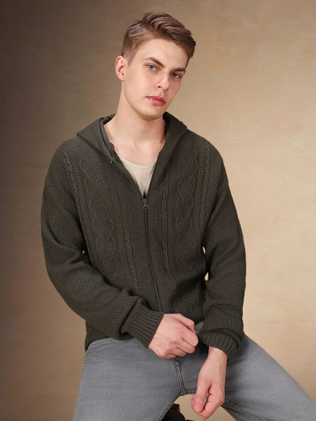 Dennis Lingo Men Cable Knit Hooded Long Sleeves Cardigan Sweaters - view 1