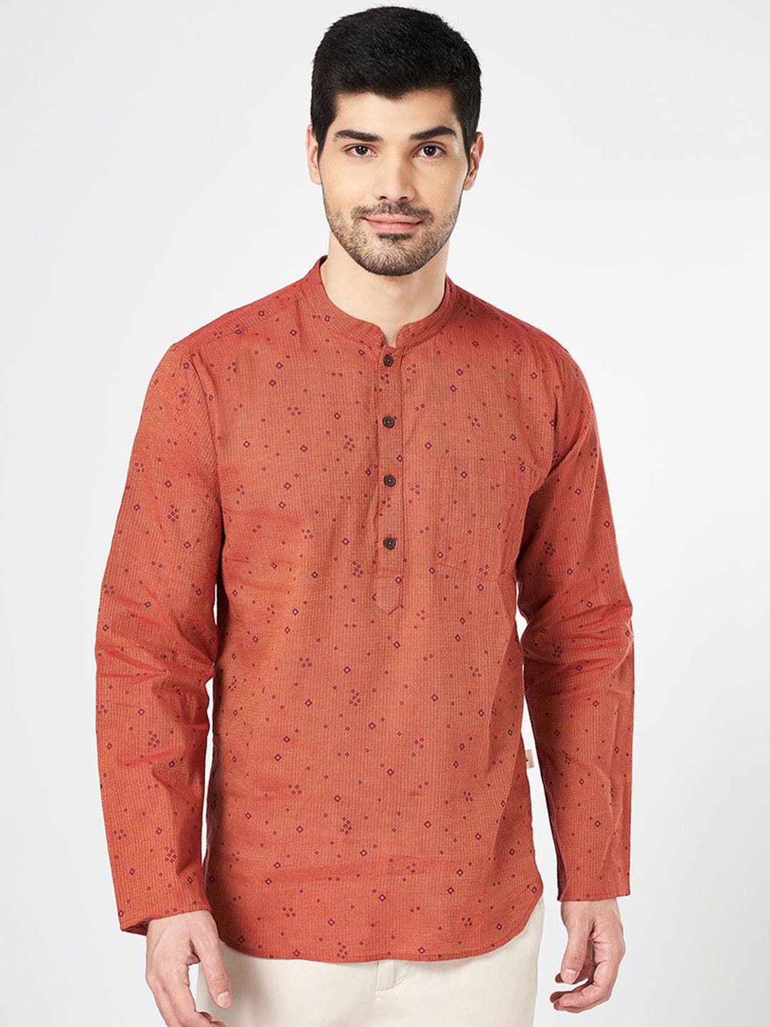 indus route by Pantaloons Geometric Printed Mandarin Collar Long Sleeves Cotton Kurta - view 1