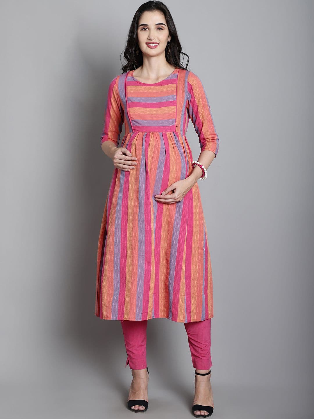 Moms Maternity Women Striped Regular Thread Work Kurta with Trousers - view 1