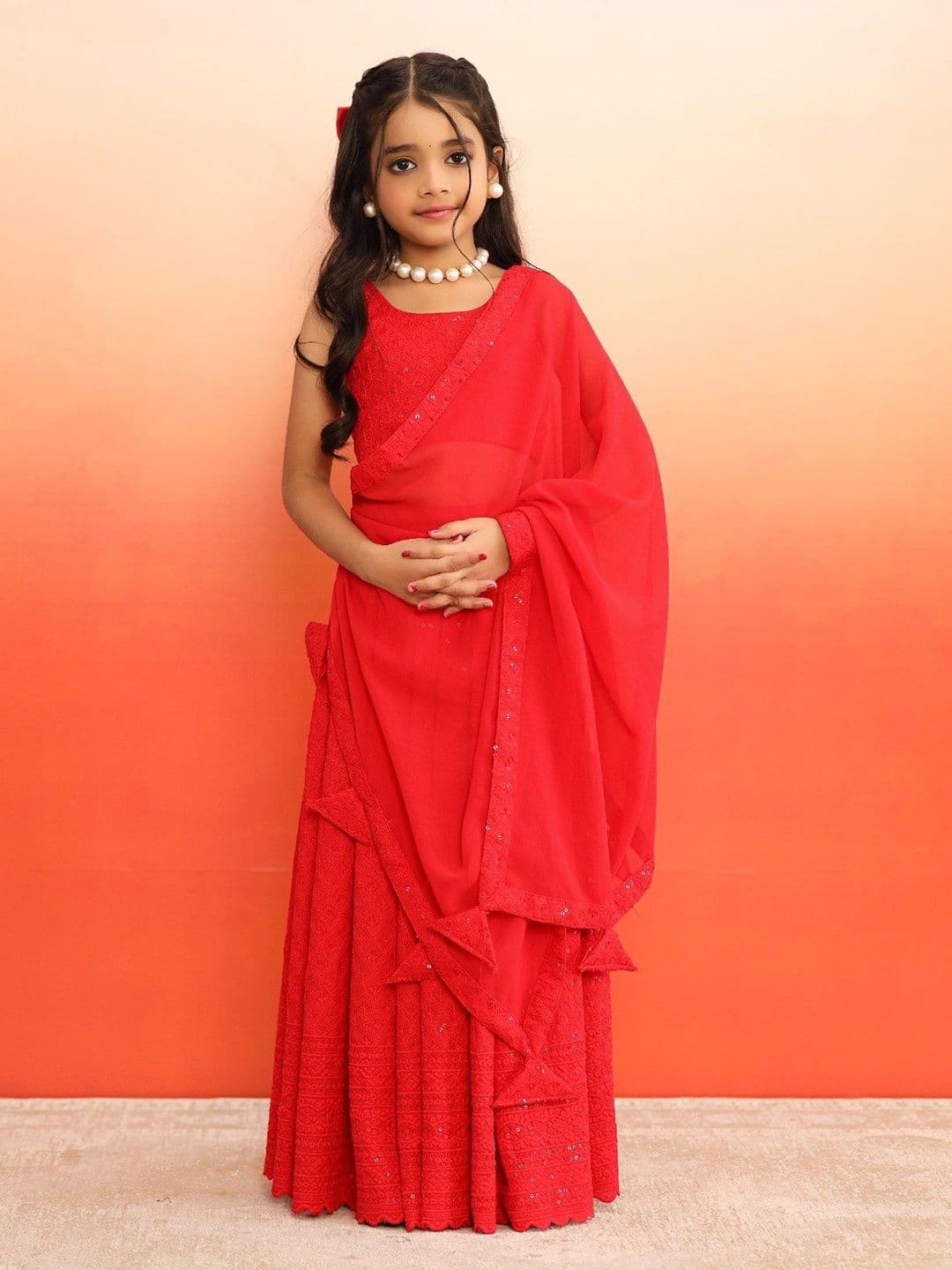Futra Gabha Girls Embroidered Round Neck Lehenga & Blouse With Dupatta - view 1