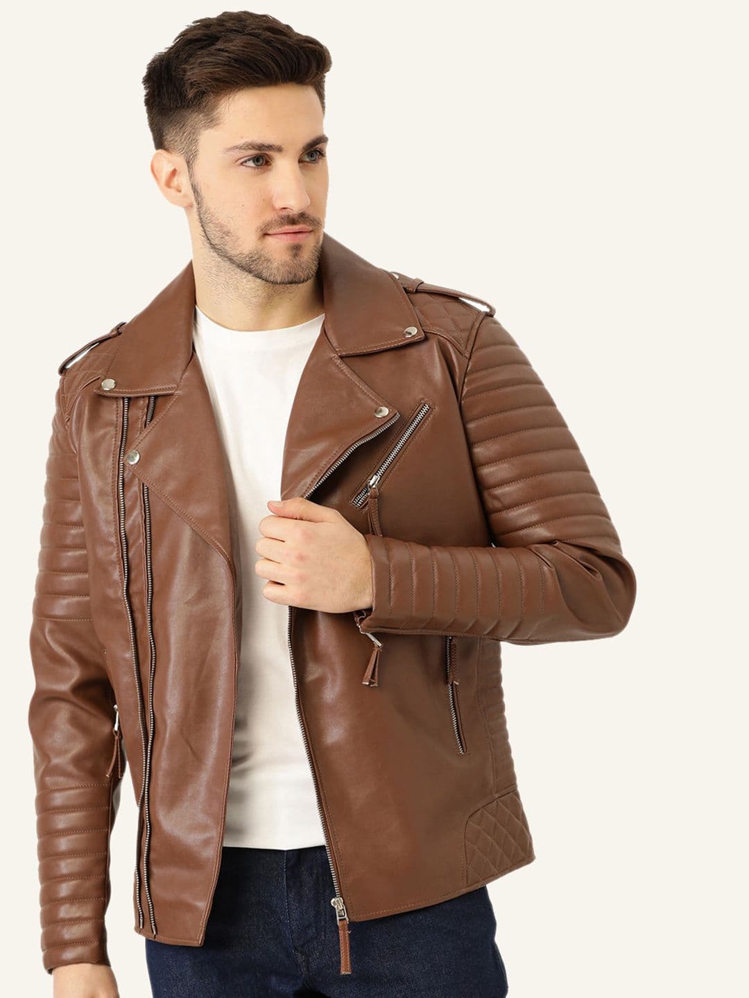Leather Retail Men Lapel Collar Solid PU Casual Biker Jacket - view 1