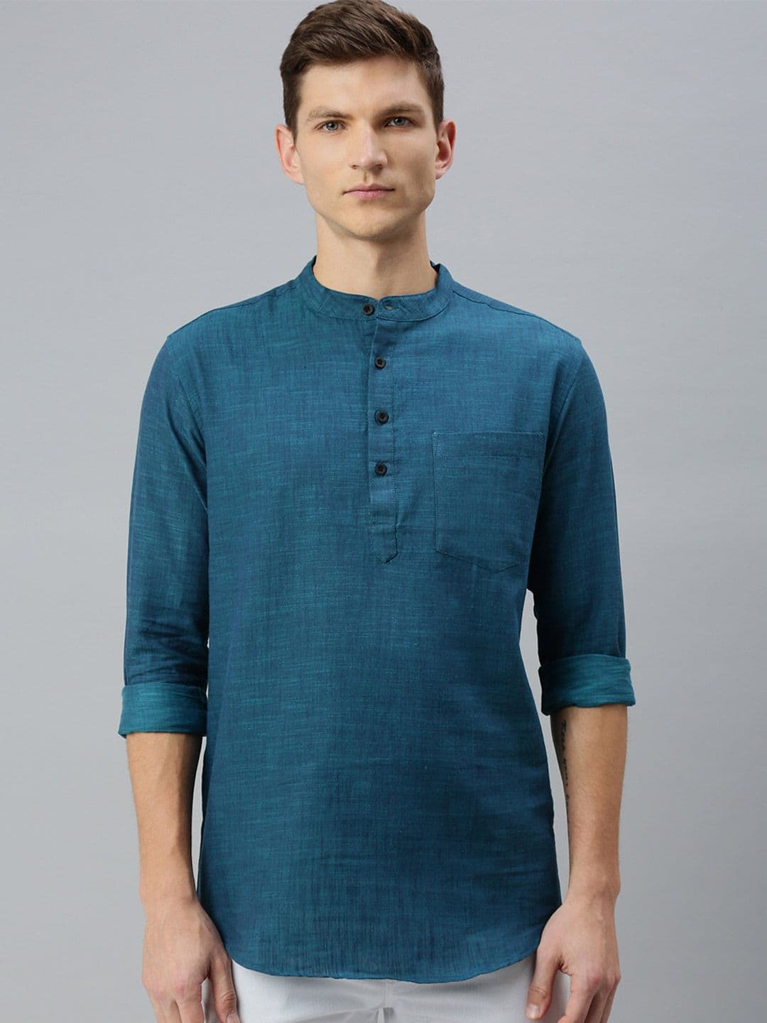 Kryptic Men Pure Cotton Band Collar Short Kurta - view 1