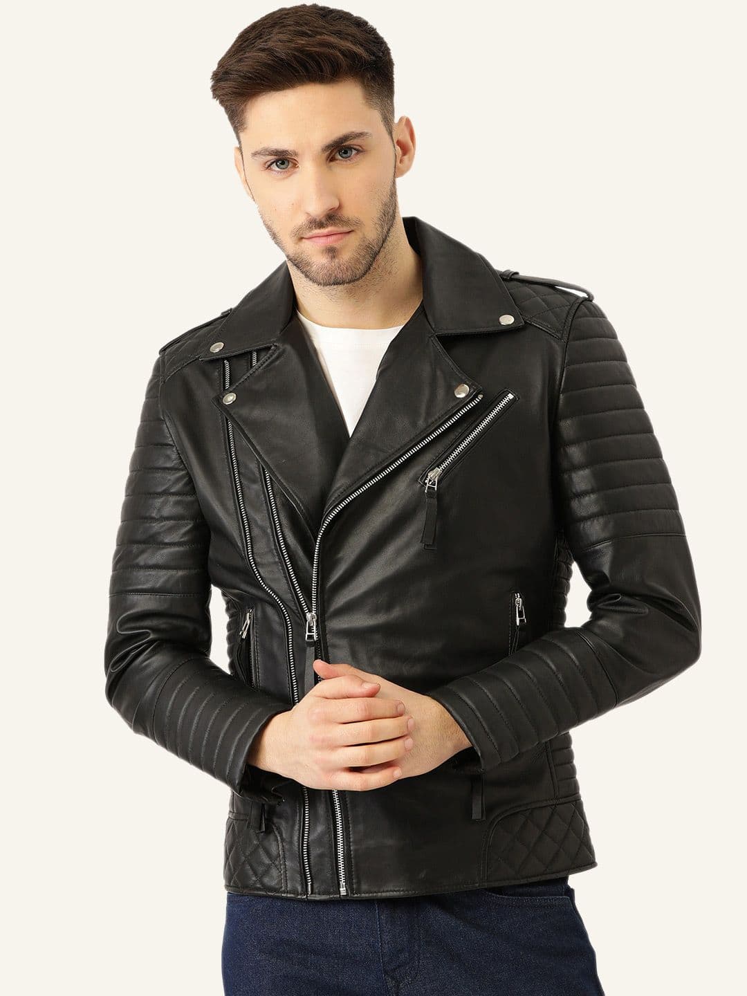 Leather Retail Men Lapel Collar Solid PU Casual Biker Jacket - view 1