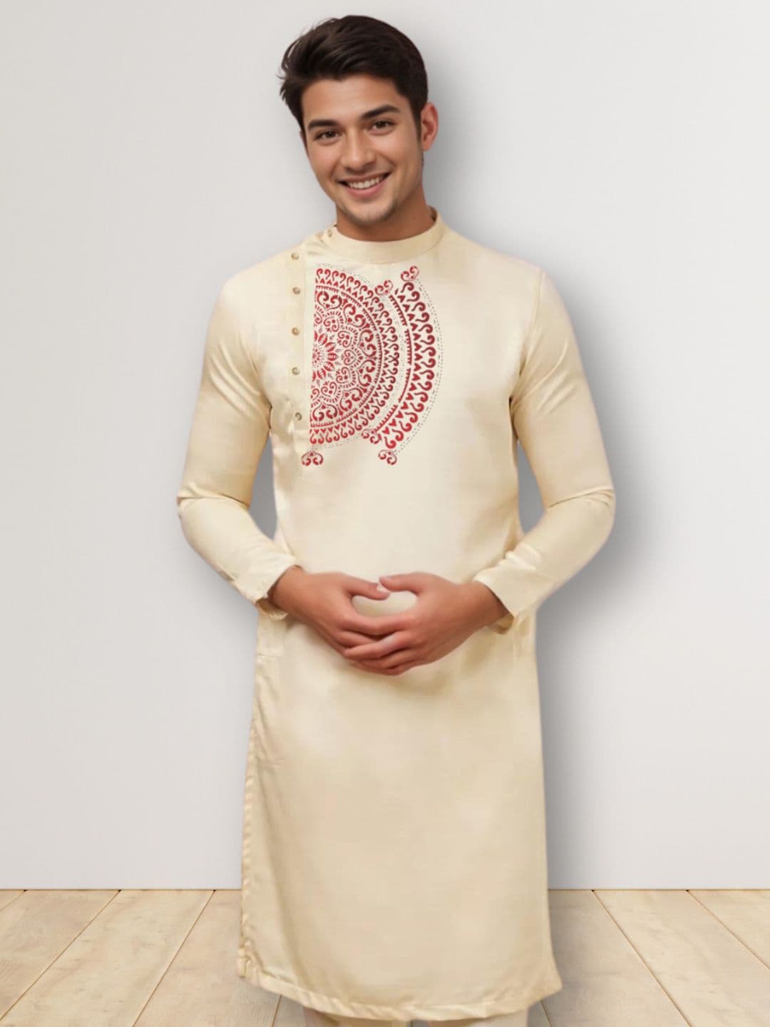 DEVOILER Beige Ethnic Motifs Printed Mandarin Collar Straight Cotton Kurta - view 1