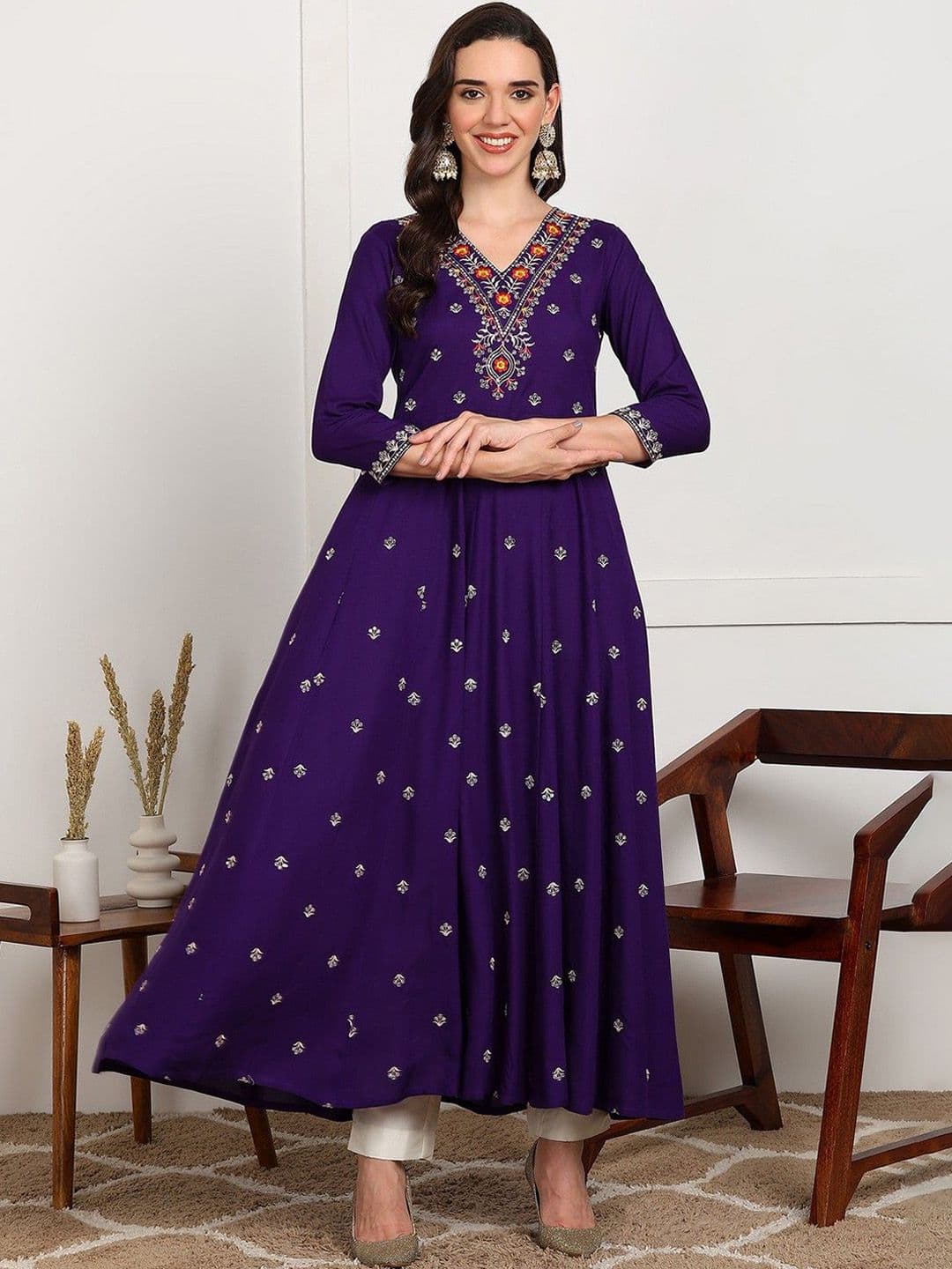 PURVIJA KURTIES Floral Embroidered A-Line Kurta - view 1