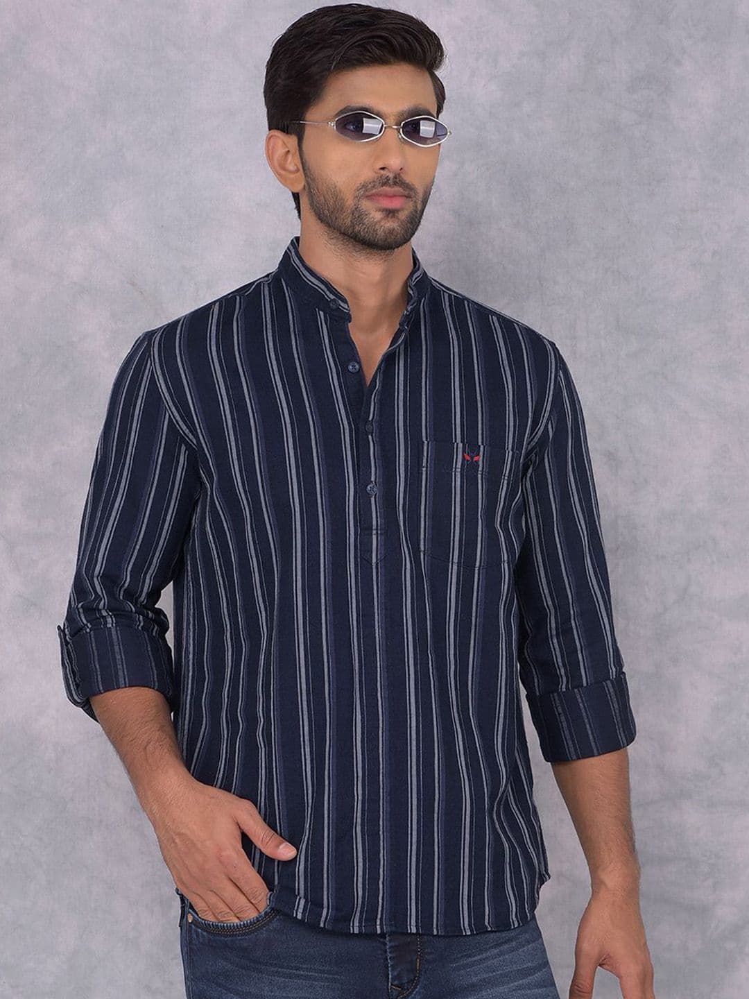 Crimsoune Club Striped Band Collar Long Sleeves Pure Cotton Straight Kurta - view 1