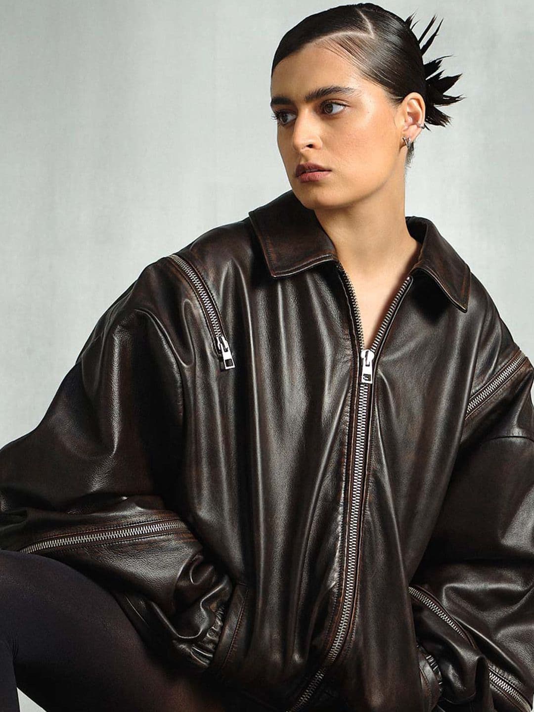the Misnomer Unisex Spread Collar Solid Leather Casual Biker Jacket - view 1