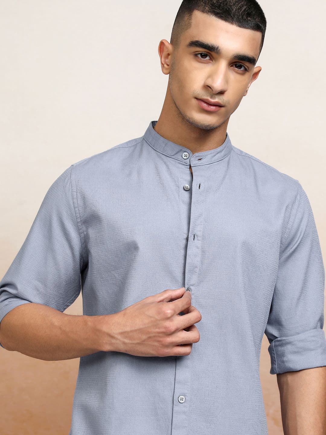 Highlander Men Jacquard Textured Solid Mandarin Collar Casual Shirt - view 1
