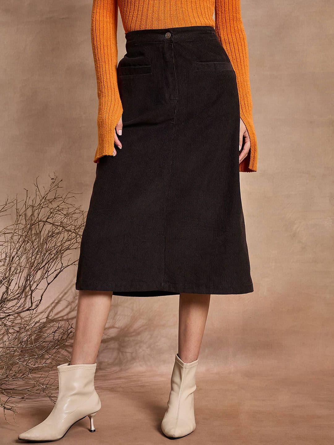 SASSAFRAS Women Self Design Corduroy Mock Pocket Solid Midi Pencil Skirt - view 1