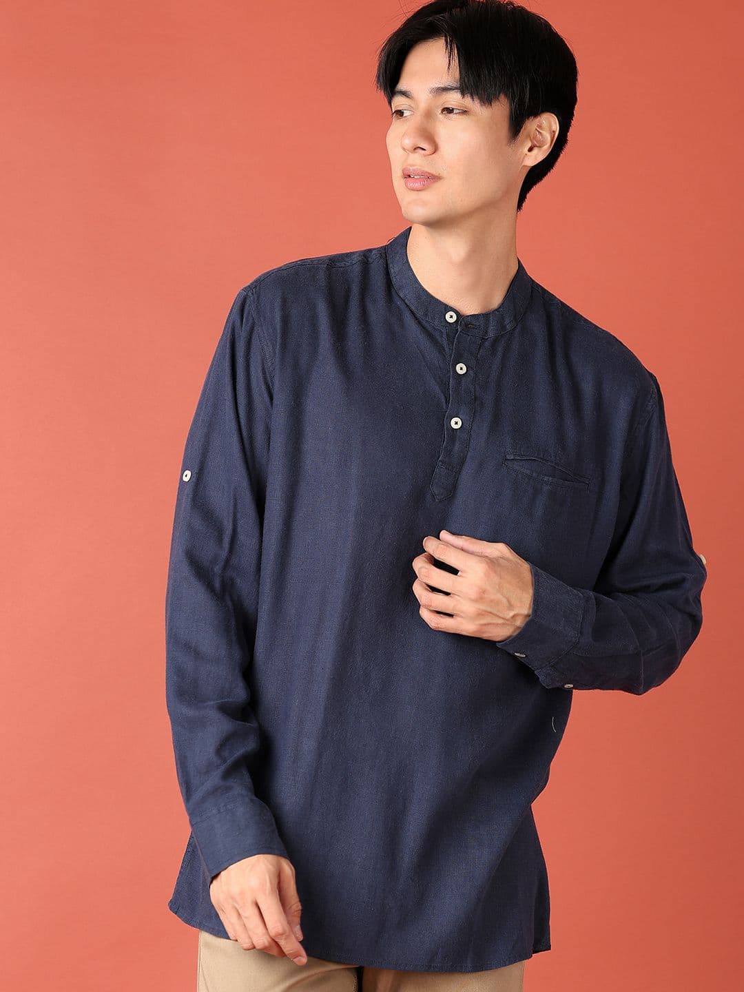 V-Mart Men Band Collar Solid Cotton Casual Shirt - view 1