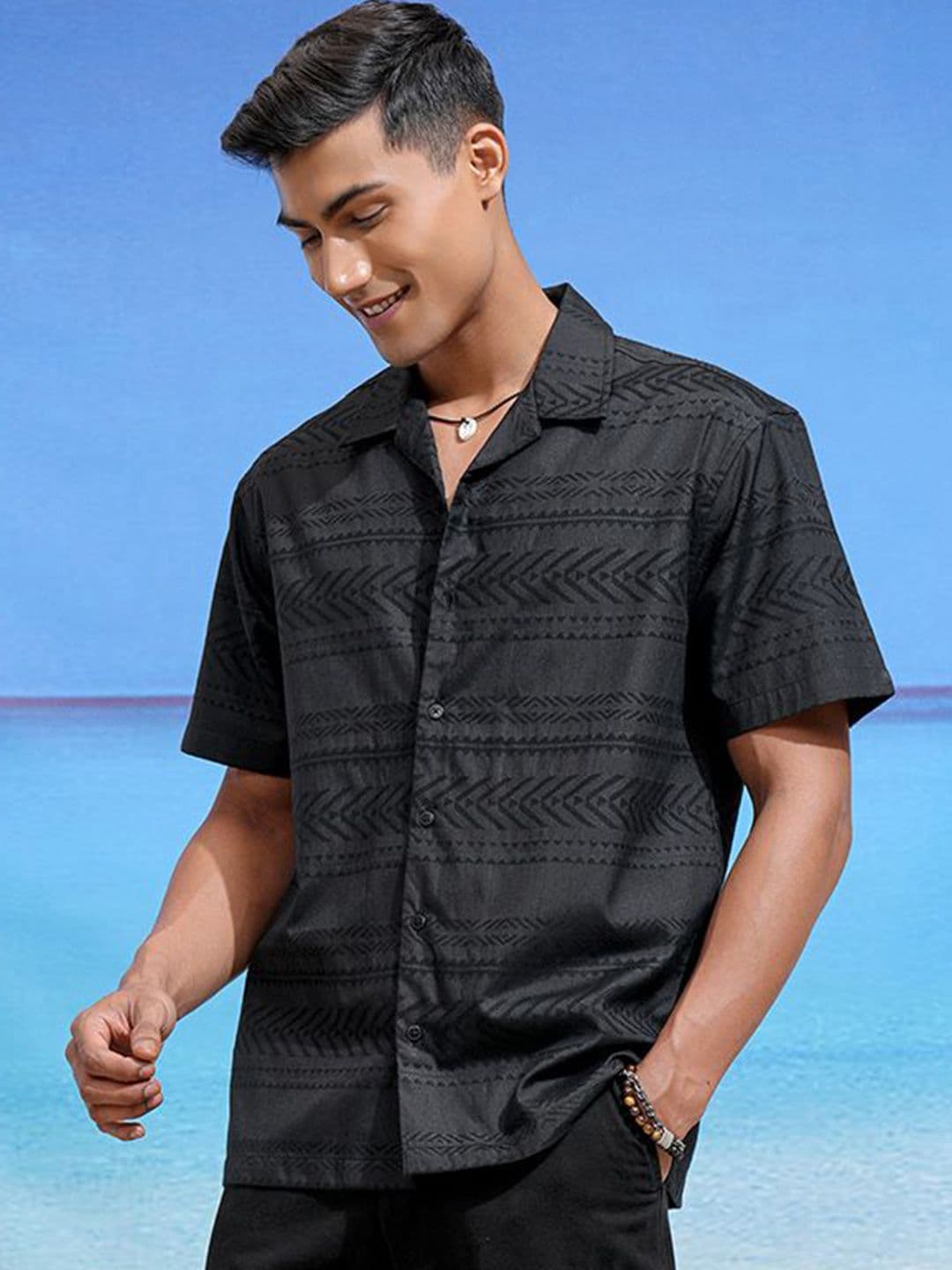 LOCOMOTIVE Men Cuban Collar Geometric Printed Cotton Relaxed Fit Casual Shirt - view 1