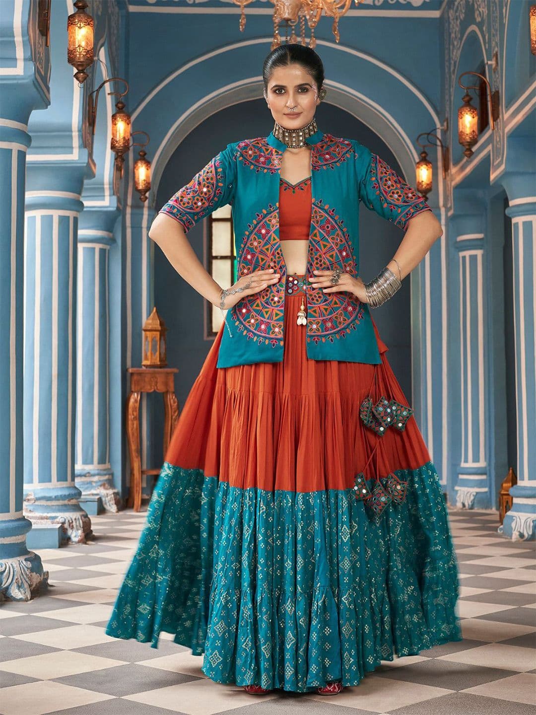 ODETTE Embroidered Mirror Work Ready to Wear Lehenga & Blouse With Shrug - view 1