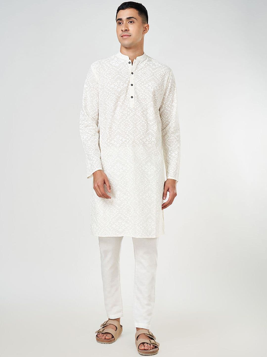 indus route by Pantaloons Ikat Geometric Printed Mandarin Collar Cotton Straight Kurta - view 1