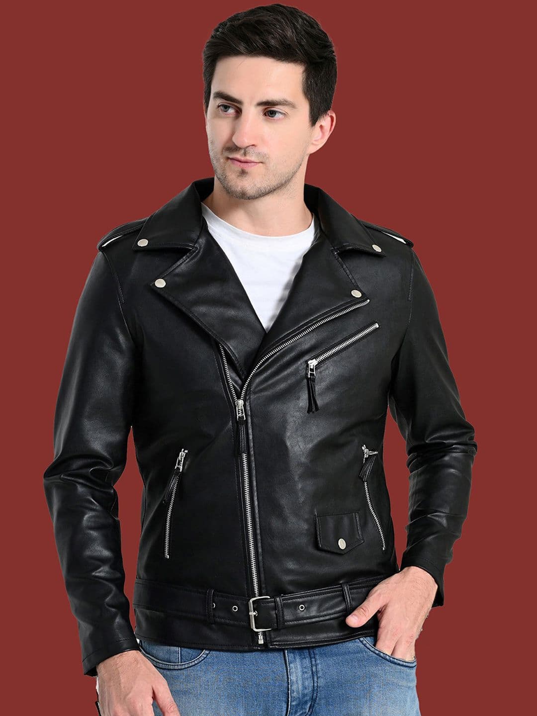 TBOJ Men Lapel Collar Solid Casual Biker Jacket - view 1