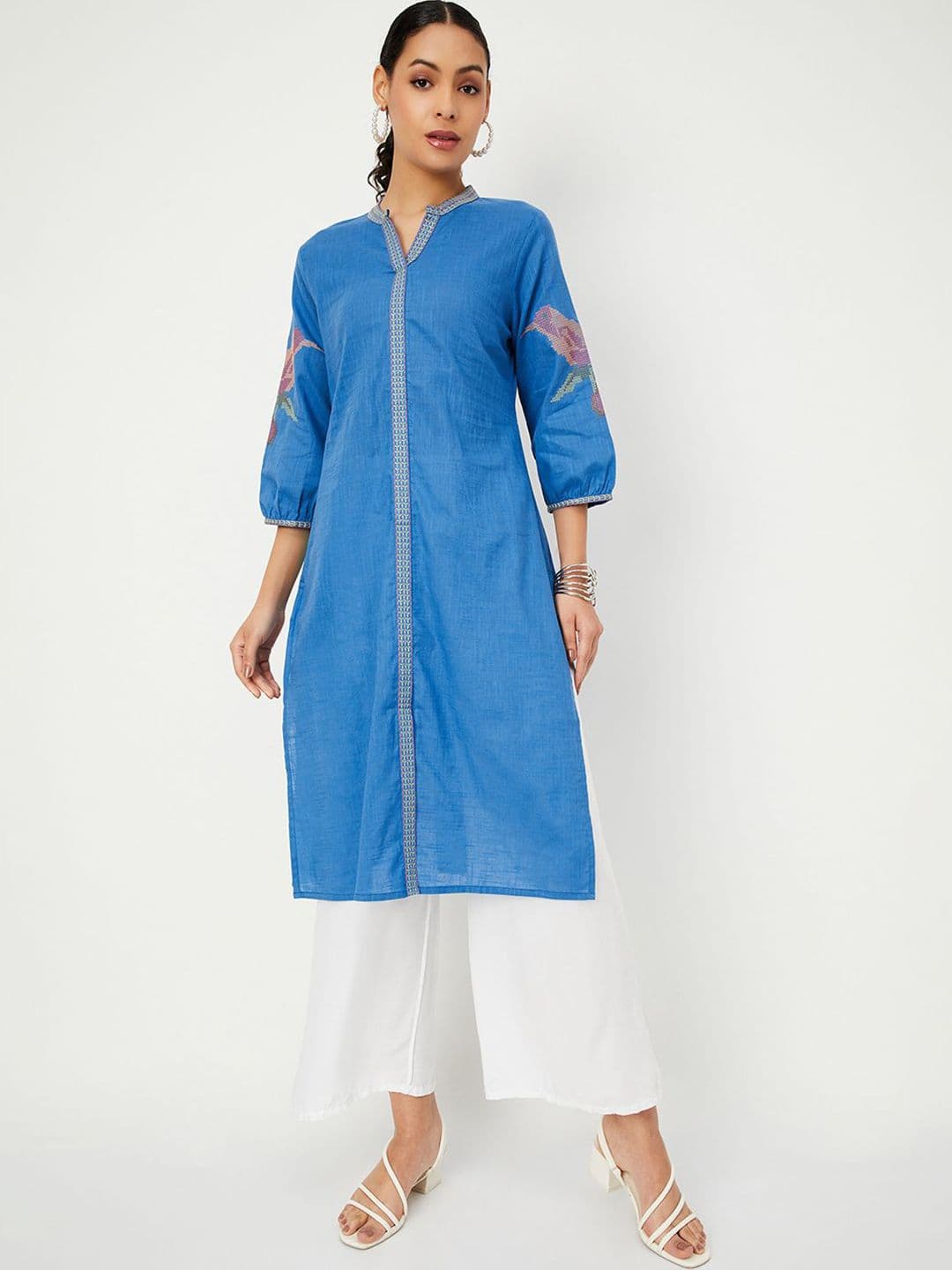 max Geometric Embroidered Mandarin Collar Bishop Sleeves Thread Work Straight Kurta - view 1