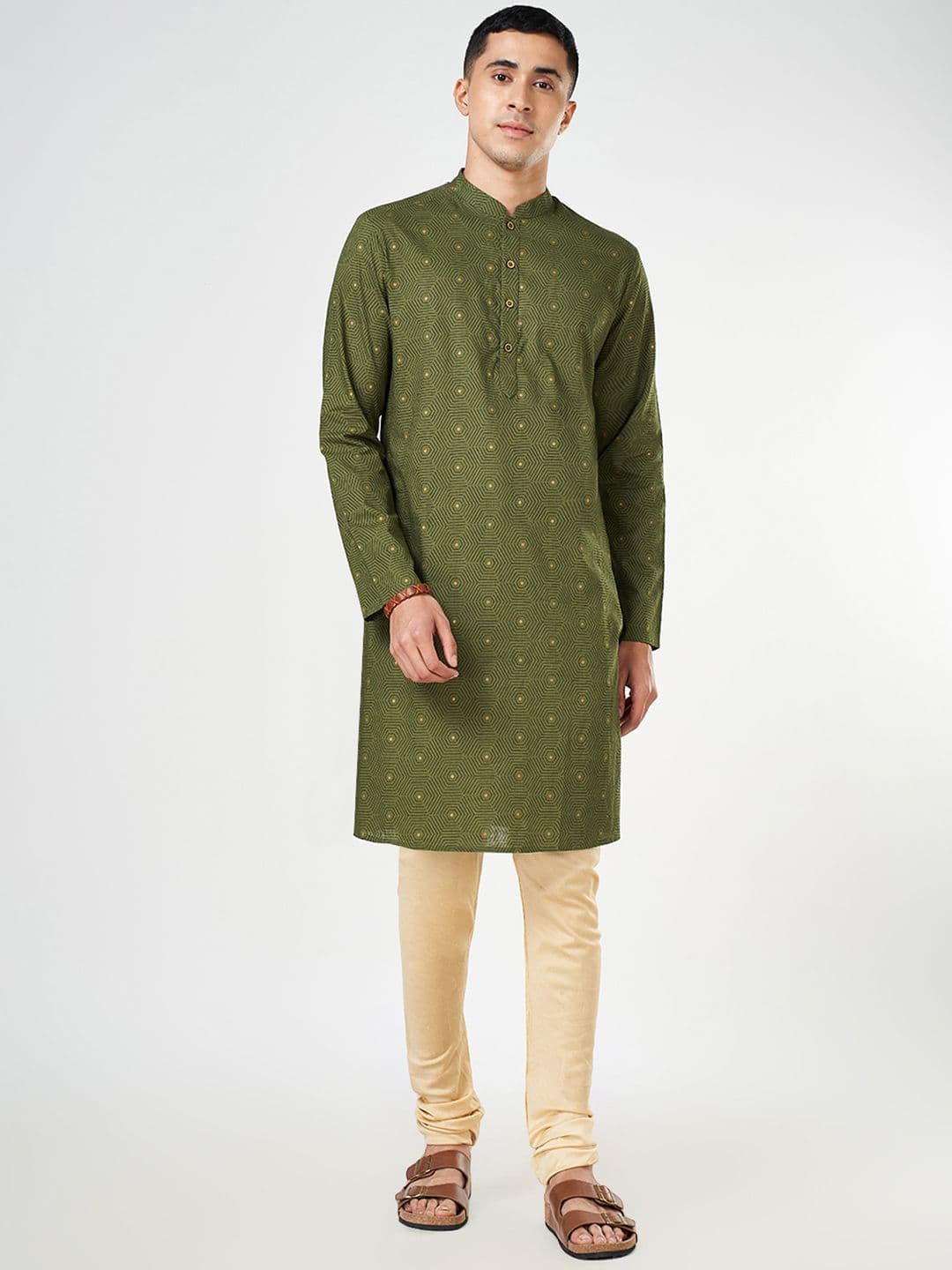 indus route by Pantaloons Geometric Printed Mandarin Collar Pure Cotton Straight Kurta - view 1