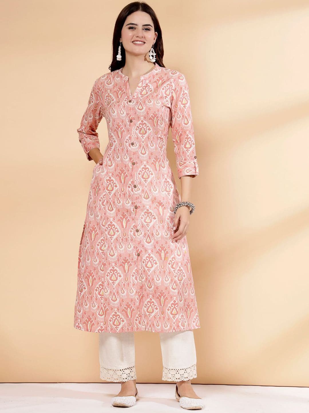 Pistaa Floral Printed Mandarin Collar A-Line Cotton Kurta - view 1
