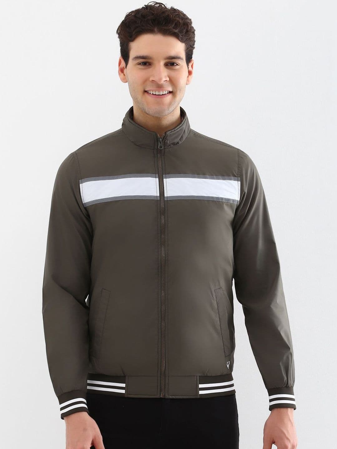 Allen Solly Men Mock Collar Striped Casual Bomber Jacket
