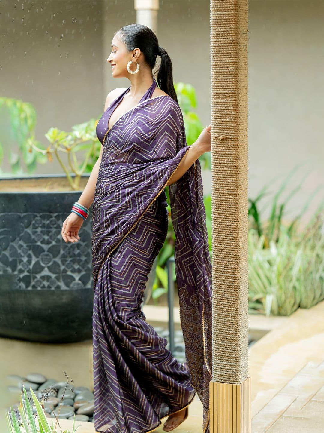 KALINI FASHION Women Purple Leheriya Poly Chiffon Saree With Blouse Piece - view 1