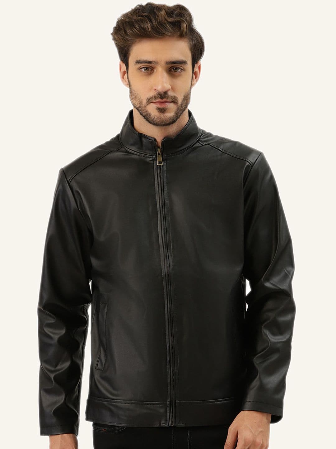 Leather Retail Men Mandarin Collar Solid Casual Biker Jacket - view 1