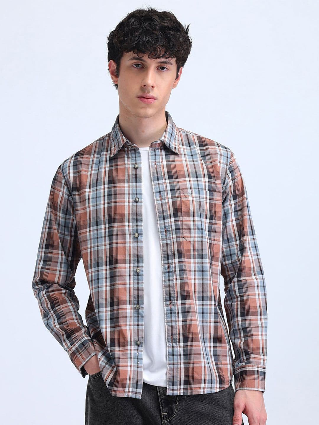 Flying Machine Men Manhattan Spread Collar Tartan Checked Cotton Slim Fit Casual Shirt - view 1