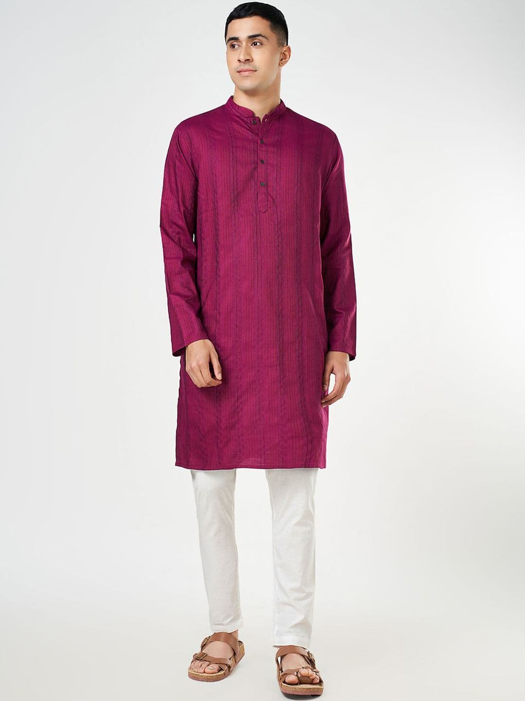 indus route by Pantaloons Striped Mandarin Collar Cotton Straight Kurta - view 1