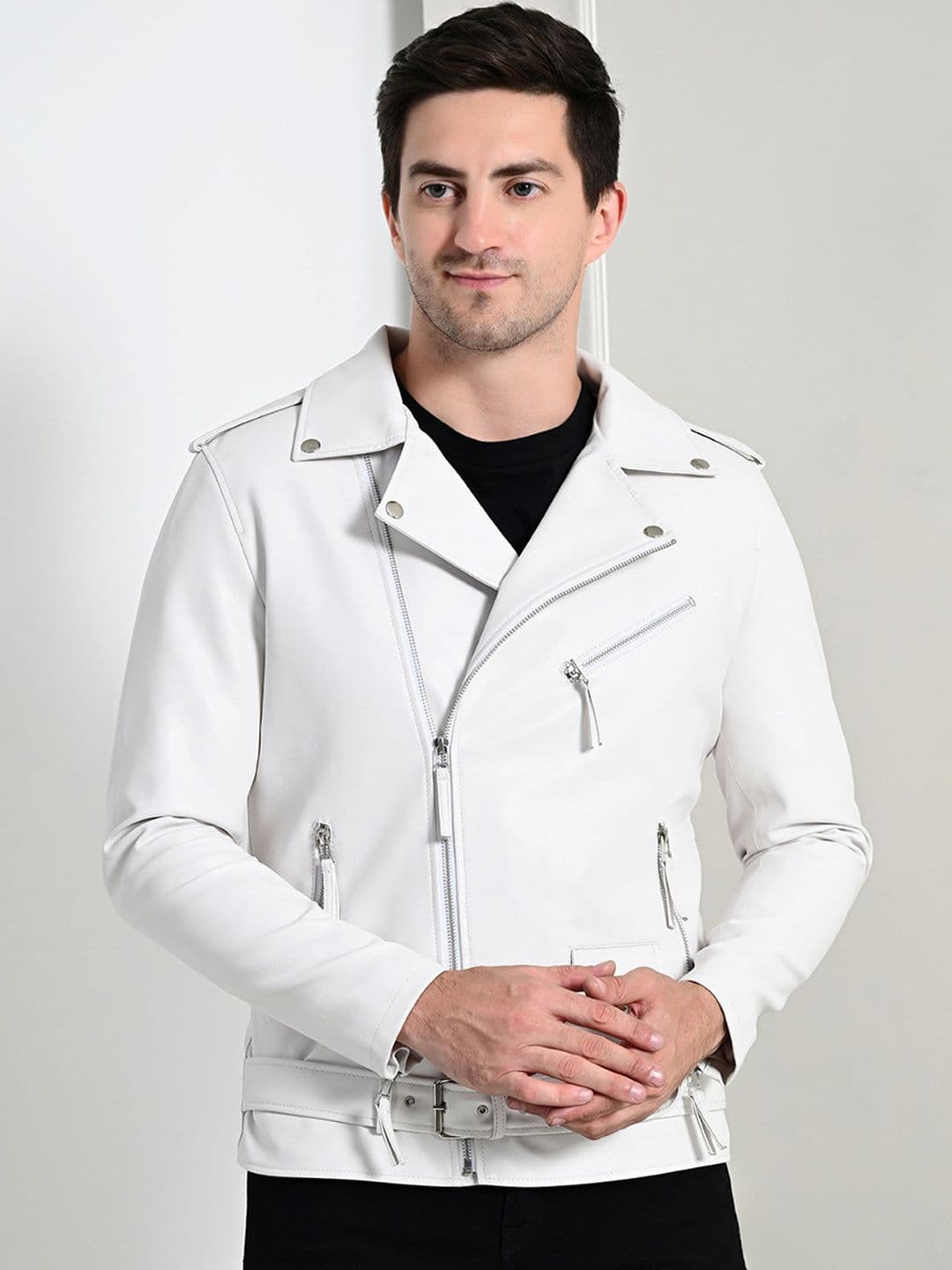 TBOJ Men Lapel Collar Solid Casual Biker Jacket - view 1