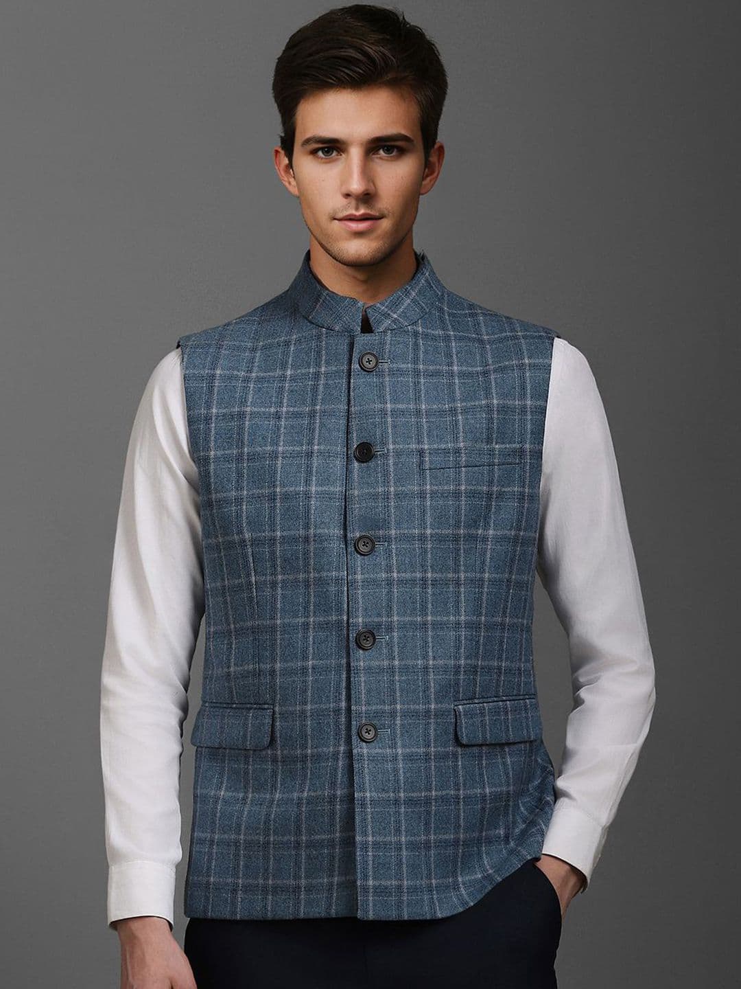 Louis Philippe Men Checked Slim-Fit Woven Nehru Jackets - view 1