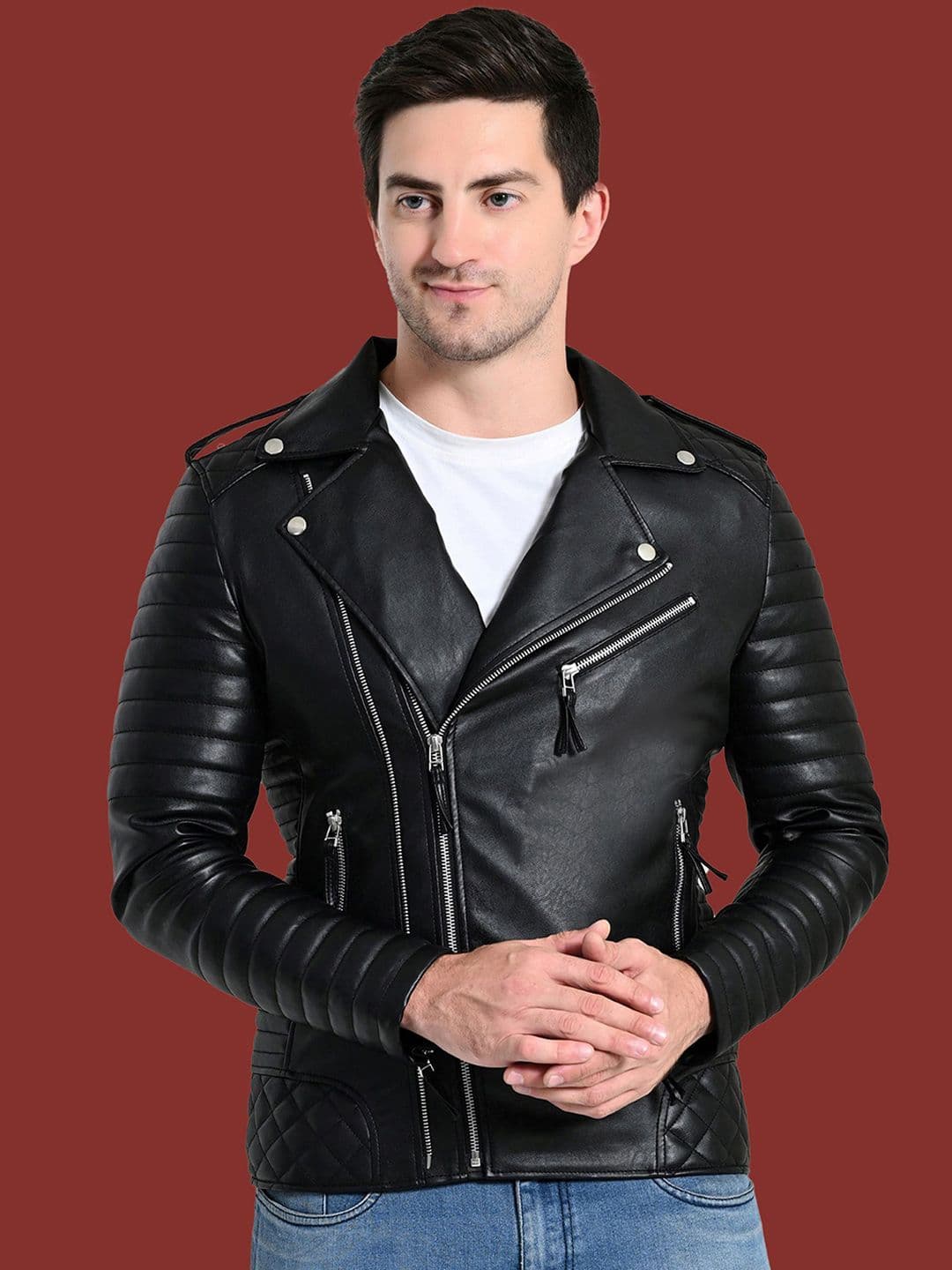 TBOJ Men Lapel Collar Solid Casual Biker Jacket - view 1