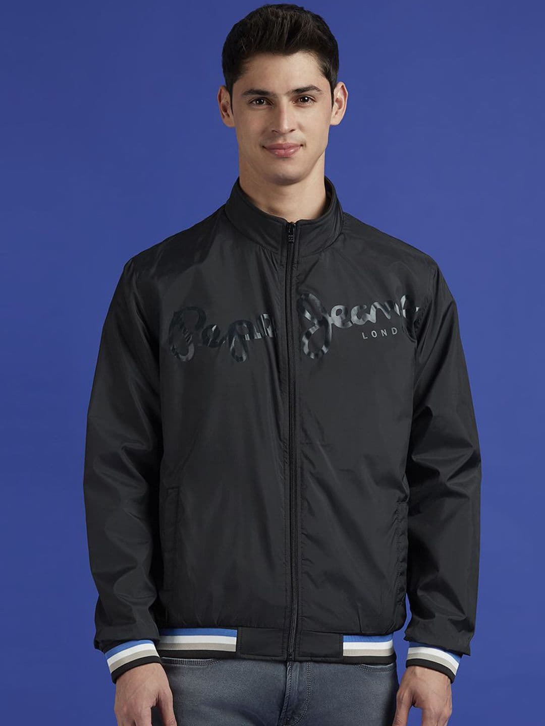 Pepe Jeans Men Mock Collar Typography Printed Casual Bomber Jacket - view 1