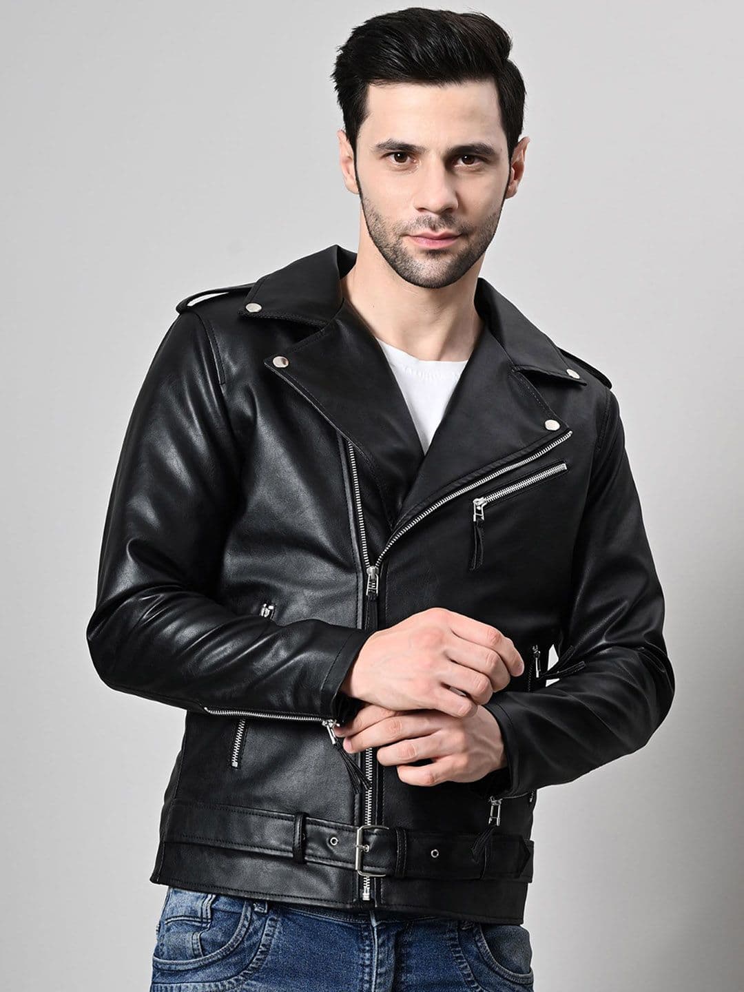TBOJ Men Lapel Collar Solid Casual Biker Jacket - view 1