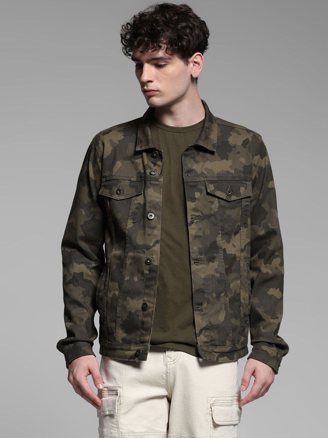 Jack & Jones Men Spread Collar Camouflage Printed Cotton Casual Tailored Jacket - view 1